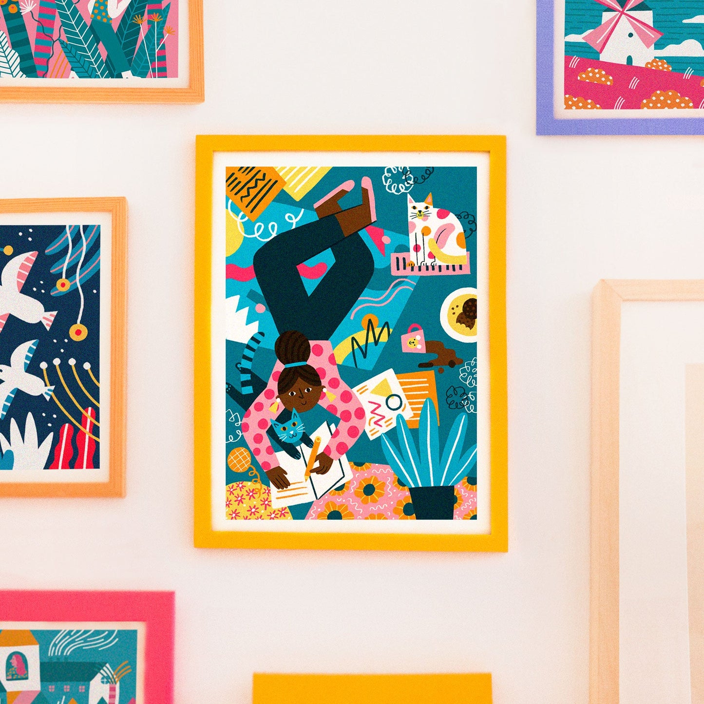 Girl with Cats Art Print