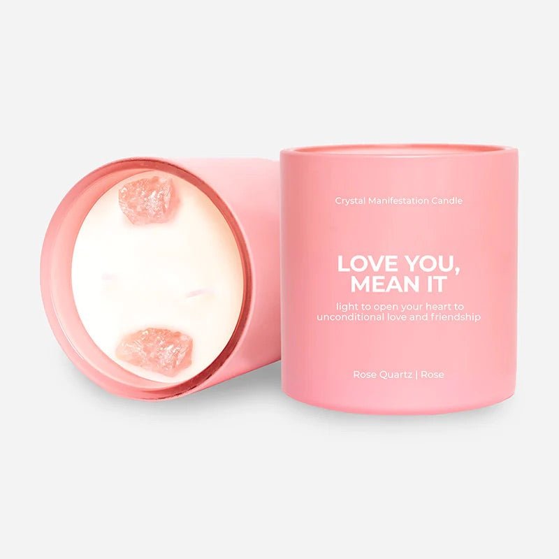 Love You, Mean It Crystal Manifestation Candle - Rose Scented with Rose Quartz