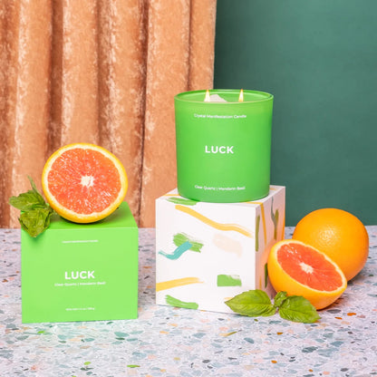 Luck - Crystal Manifestation Candle - Mandarin Basil Scented with Clear Quartz